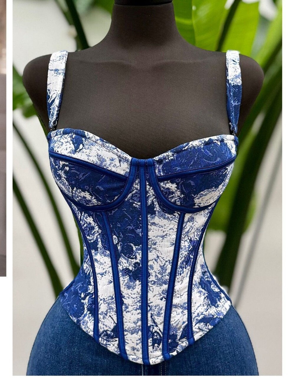 Blue and White Printed Corset-Style Tank Top with Structured Bust
